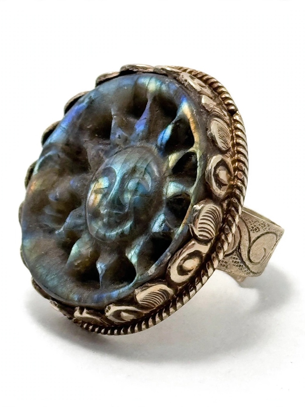 Mystical Labradorite Crescent Moon and Sun Ring: Adjustable Tibetan Silver